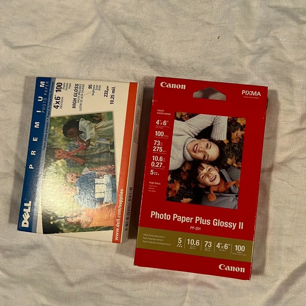 2 packs of glossy photo paper, 4 x 6, 100 sheets per box, Dell & Canon